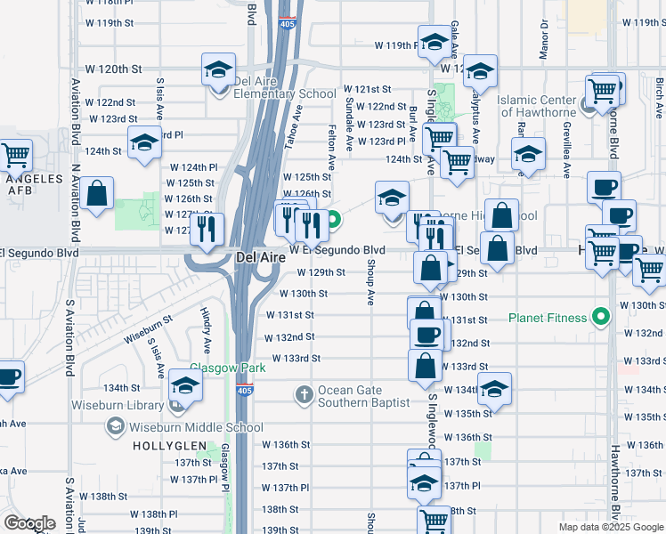map of restaurants, bars, coffee shops, grocery stores, and more near 5009 West 129th Street in Hawthorne