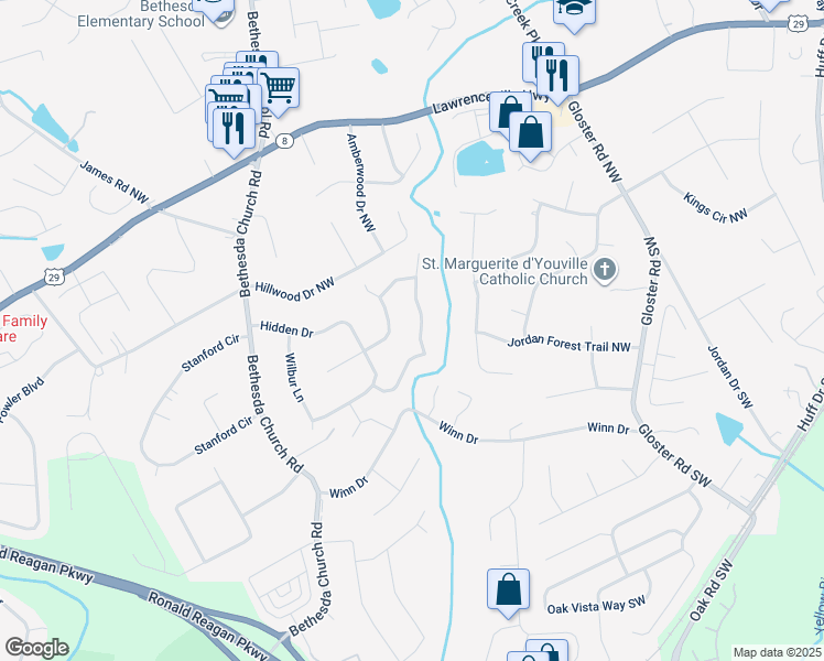 map of restaurants, bars, coffee shops, grocery stores, and more near 157 Jousters Lane Northwest in Lawrenceville