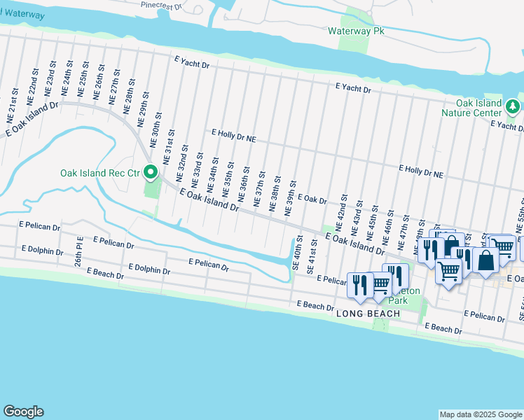 map of restaurants, bars, coffee shops, grocery stores, and more near 3704 East Oak Island Drive in Oak Island