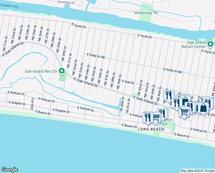 map of restaurants, bars, coffee shops, grocery stores, and more near 3704 East Oak Island Drive in Oak Island