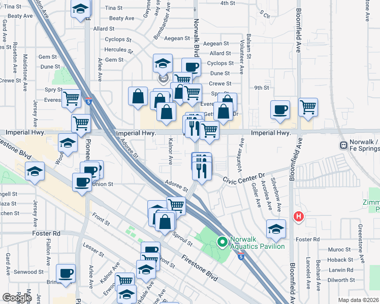 map of restaurants, bars, coffee shops, grocery stores, and more near 12727 Norwalk Boulevard in Norwalk