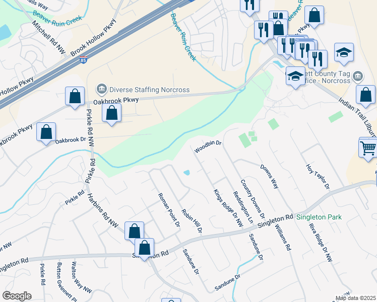 map of restaurants, bars, coffee shops, grocery stores, and more near 1572 Kings Ridge Drive Northwest in Norcross