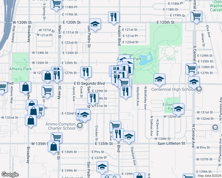 map of restaurants, bars, coffee shops, grocery stores, and more near 425 East 129th Street in Los Angeles