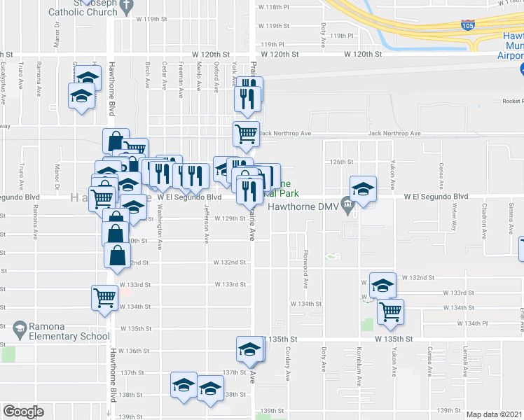 map of restaurants, bars, coffee shops, grocery stores, and more near 12830 Prairie Avenue in Hawthorne