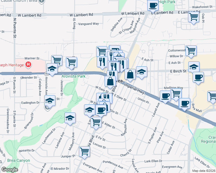 map of restaurants, bars, coffee shops, grocery stores, and more near 334 South Walnut Avenue in Brea