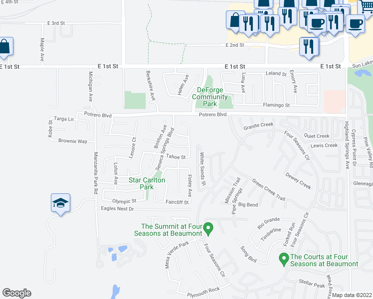 map of restaurants, bars, coffee shops, grocery stores, and more near 1449 Underhill Court in Beaumont