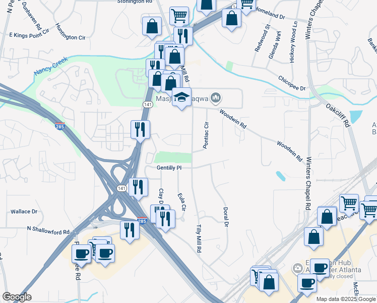 map of restaurants, bars, coffee shops, grocery stores, and more near 4160 Tilly Mill Road in Doraville