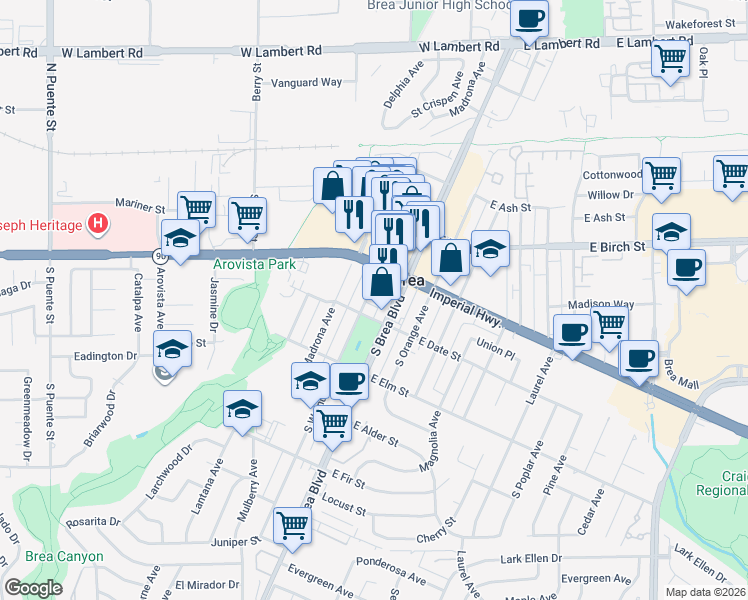map of restaurants, bars, coffee shops, grocery stores, and more near 306 South Walnut Avenue in Brea