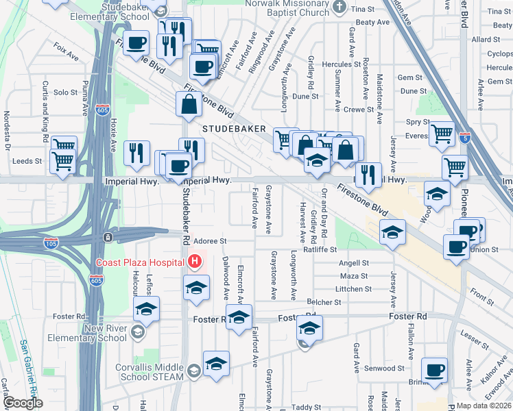 map of restaurants, bars, coffee shops, grocery stores, and more near 12716 Fairford Avenue in Norwalk