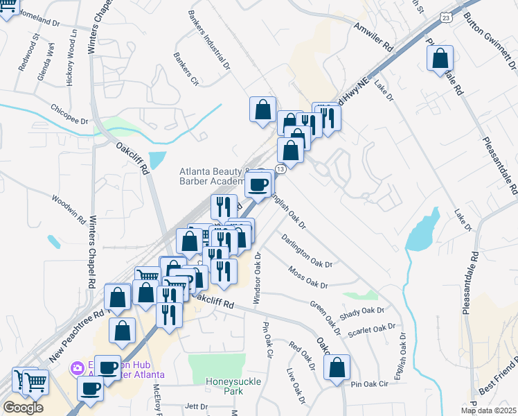 map of restaurants, bars, coffee shops, grocery stores, and more near 6067 Buford Highway Northeast in Doraville