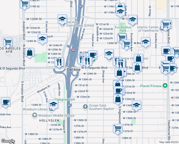 map of restaurants, bars, coffee shops, grocery stores, and more near 5033 West El Segundo Boulevard in Hawthorne