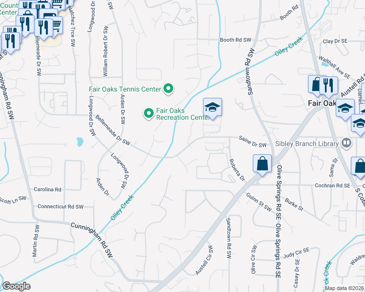 map of restaurants, bars, coffee shops, grocery stores, and more near 1495 Bellemeade Farms Road Southwest in Marietta