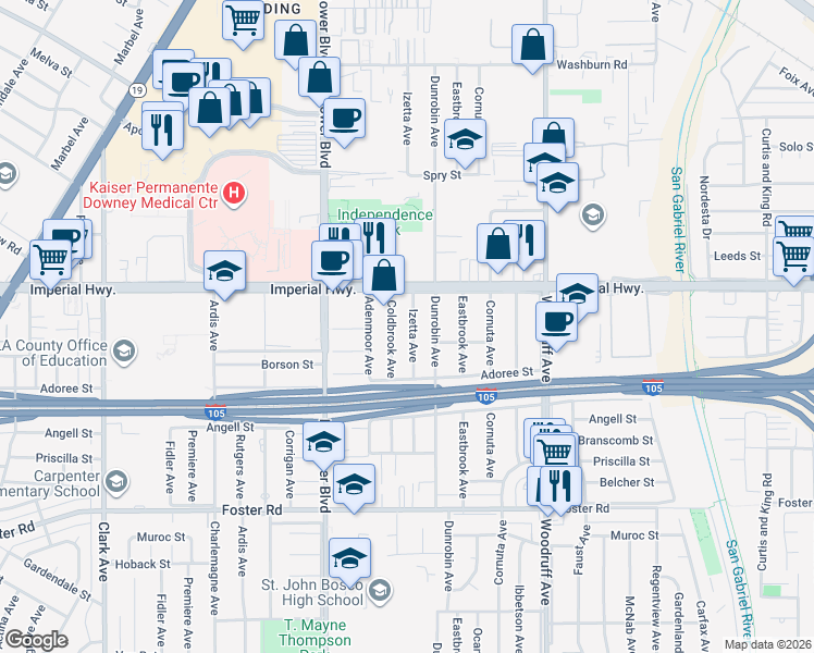 map of restaurants, bars, coffee shops, grocery stores, and more near 12615 Izetta Avenue in Downey
