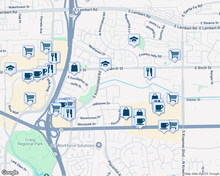 map of restaurants, bars, coffee shops, grocery stores, and more near 2034 Chevy Chase Drive in Brea