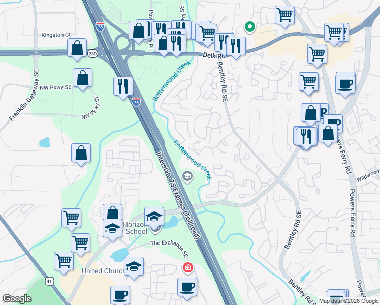 map of restaurants, bars, coffee shops, grocery stores, and more near 2728 Suwanee Way in Marietta