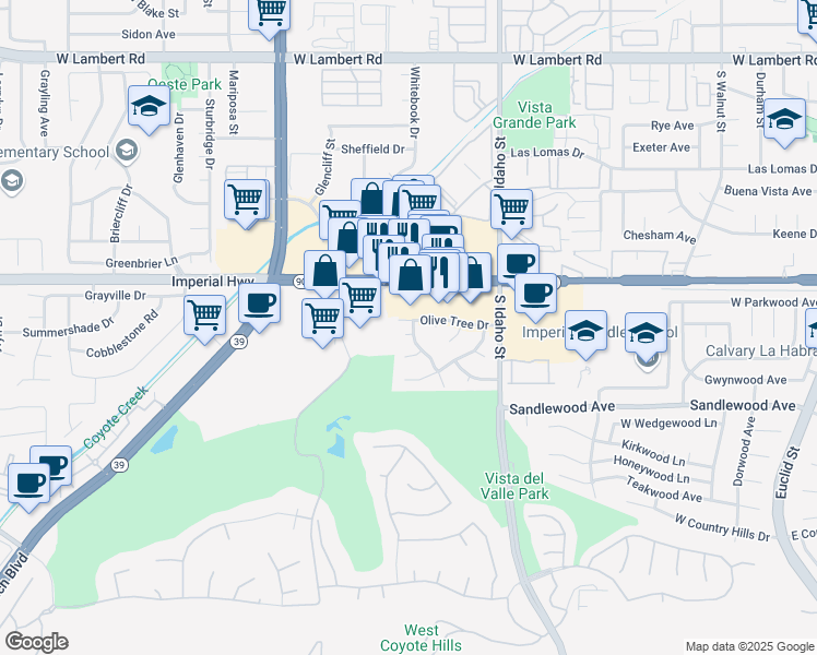 map of restaurants, bars, coffee shops, grocery stores, and more near 1421 Oak Tree Court in La Habra