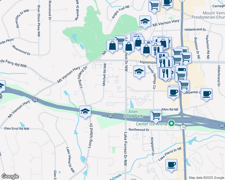 map of restaurants, bars, coffee shops, grocery stores, and more near 140 Grosvenor Place Northwest in Atlanta