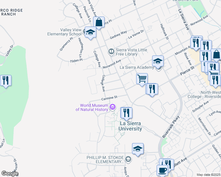 map of restaurants, bars, coffee shops, grocery stores, and more near 11665 Valverda Avenue in Riverside