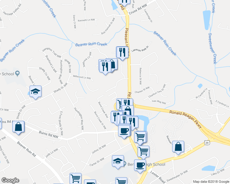 map of restaurants, bars, coffee shops, grocery stores, and more near Issac Court in Lilburn