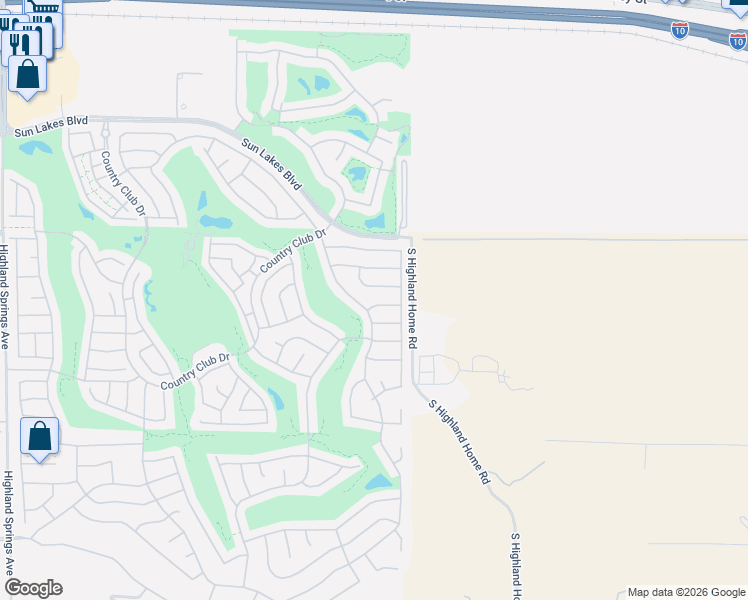 map of restaurants, bars, coffee shops, grocery stores, and more near 4877 West Glen Abbey Way in Banning