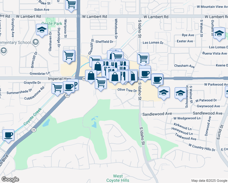 map of restaurants, bars, coffee shops, grocery stores, and more near 1421 Oak Tree Court in La Habra
