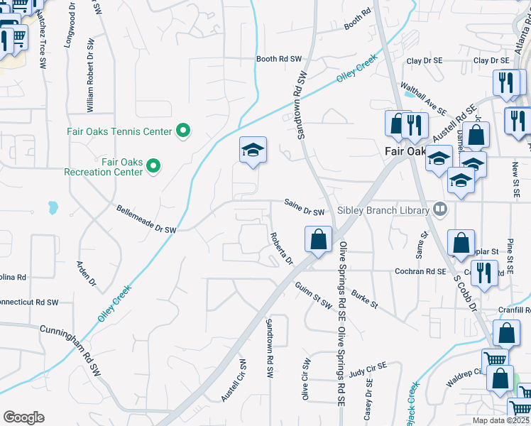 map of restaurants, bars, coffee shops, grocery stores, and more near 121 Dunleith Parkway Southwest in Marietta
