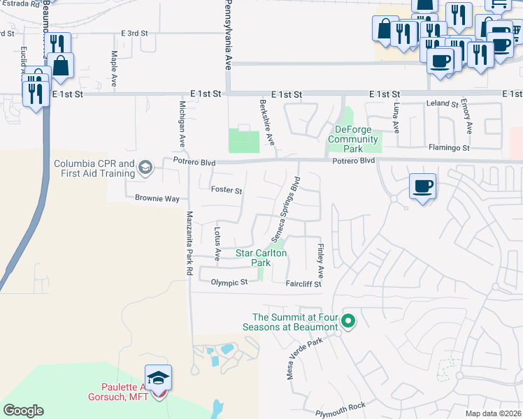 map of restaurants, bars, coffee shops, grocery stores, and more near 1362 Benchmark Street in Beaumont