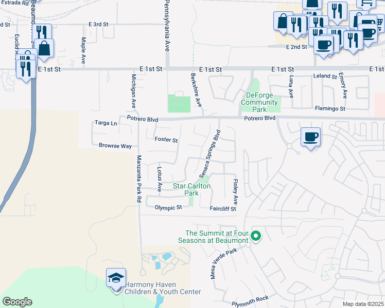 map of restaurants, bars, coffee shops, grocery stores, and more near 1356 Aztec Court in Beaumont