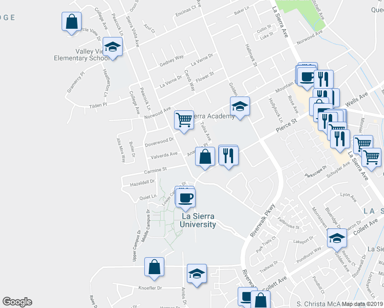 map of restaurants, bars, coffee shops, grocery stores, and more near 4984 Walnut Street in Riverside