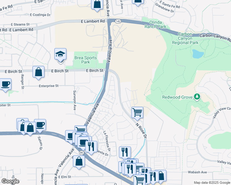 map of restaurants, bars, coffee shops, grocery stores, and more near 240 Buena Vida Drive in Brea