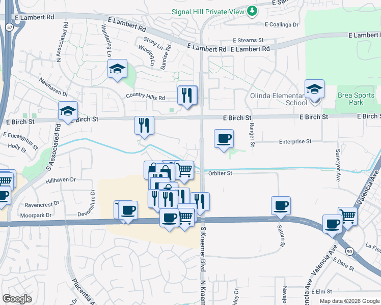 map of restaurants, bars, coffee shops, grocery stores, and more near 2250 E Birch St in Brea