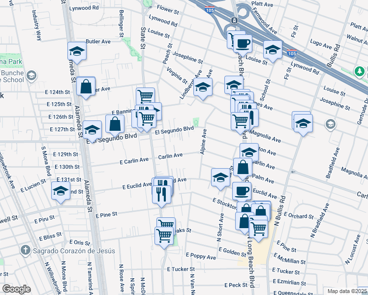 map of restaurants, bars, coffee shops, grocery stores, and more near 3170 El Segundo Boulevard in Lynwood