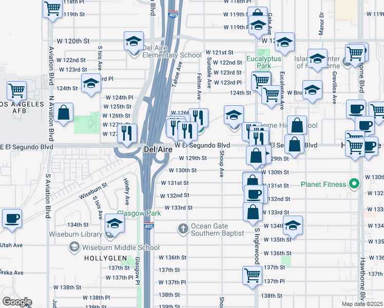 map of restaurants, bars, coffee shops, grocery stores, and more near 5033 West El Segundo Boulevard in Hawthorne