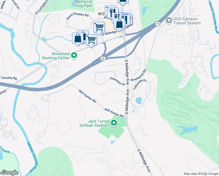 map of restaurants, bars, coffee shops, grocery stores, and more near 170 Pineview Court in Athens