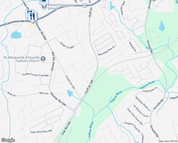 map of restaurants, bars, coffee shops, grocery stores, and more near 107 Gloster Mill Way in Lawrenceville