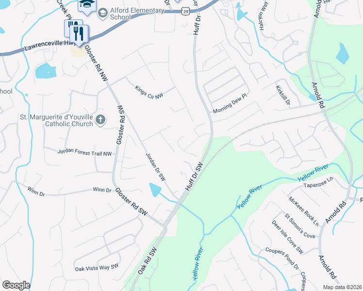 map of restaurants, bars, coffee shops, grocery stores, and more near 88 Gloster Park Court in Lawrenceville