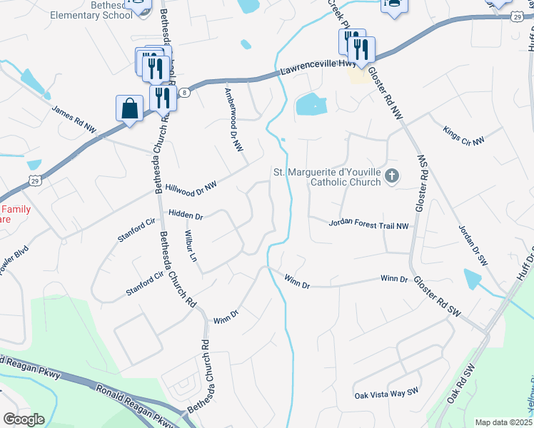 map of restaurants, bars, coffee shops, grocery stores, and more near 157 Jousters Lane Northwest in Lawrenceville