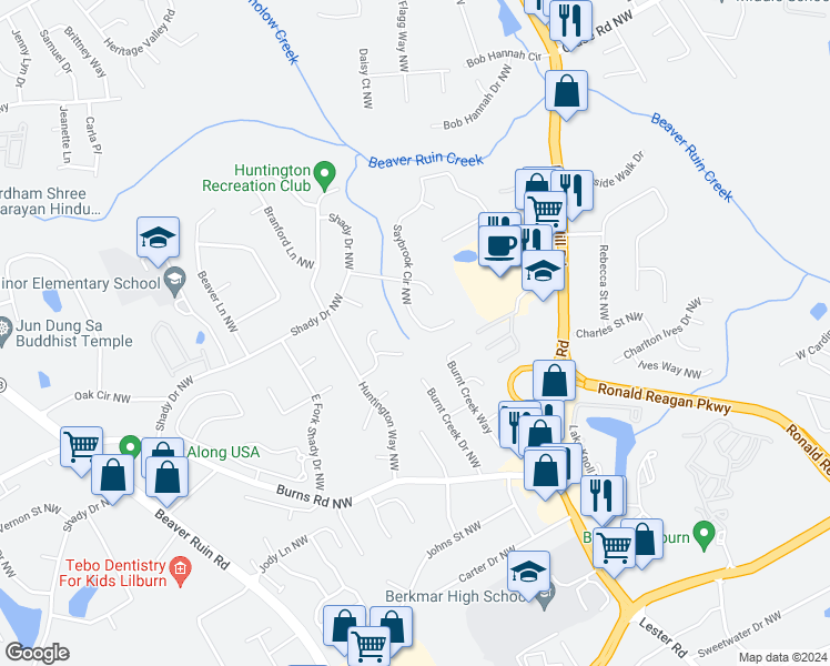 map of restaurants, bars, coffee shops, grocery stores, and more near 758 Saybrook Circle Northwest in Lilburn