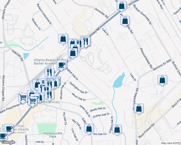 map of restaurants, bars, coffee shops, grocery stores, and more near 2534 Norwood Park Crossing in Atlanta