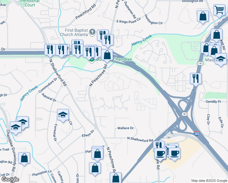 map of restaurants, bars, coffee shops, grocery stores, and more near 2314 Kaylen Drive in Chamblee