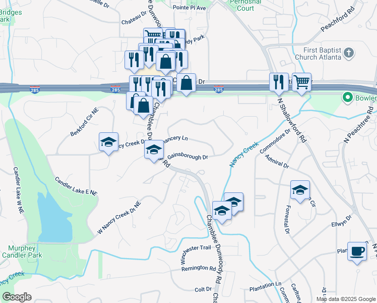 map of restaurants, bars, coffee shops, grocery stores, and more near 1852 Gainsborough Drive in Atlanta
