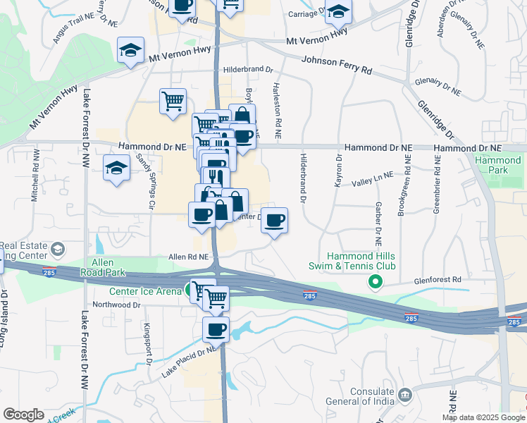 map of restaurants, bars, coffee shops, grocery stores, and more near 5925 Roswell Road Northeast in Sandy Springs