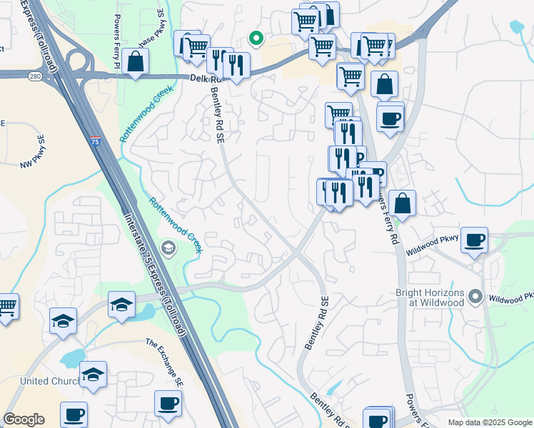 map of restaurants, bars, coffee shops, grocery stores, and more near 1478 Twin Branches Circle Southeast in Marietta