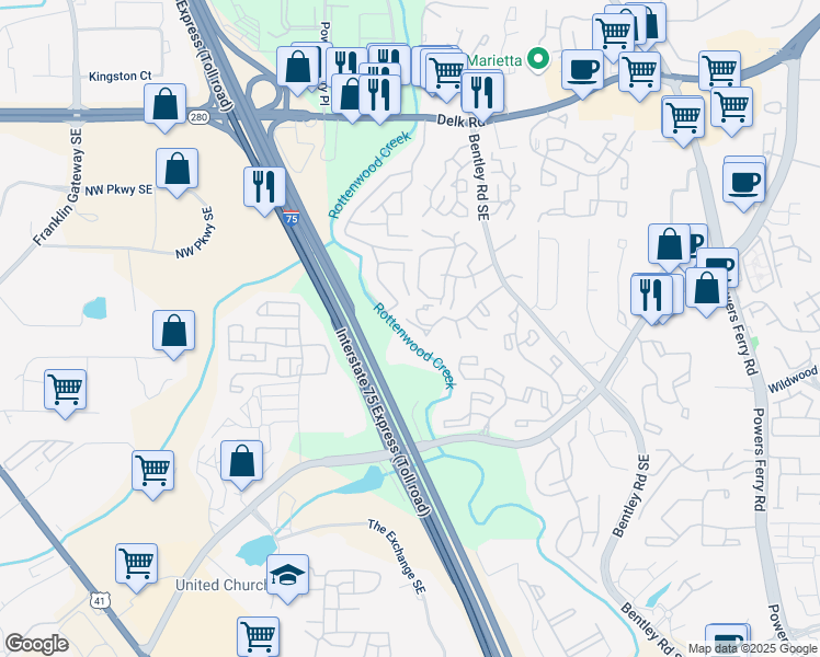 map of restaurants, bars, coffee shops, grocery stores, and more near 2716 Suwanee Way in Marietta