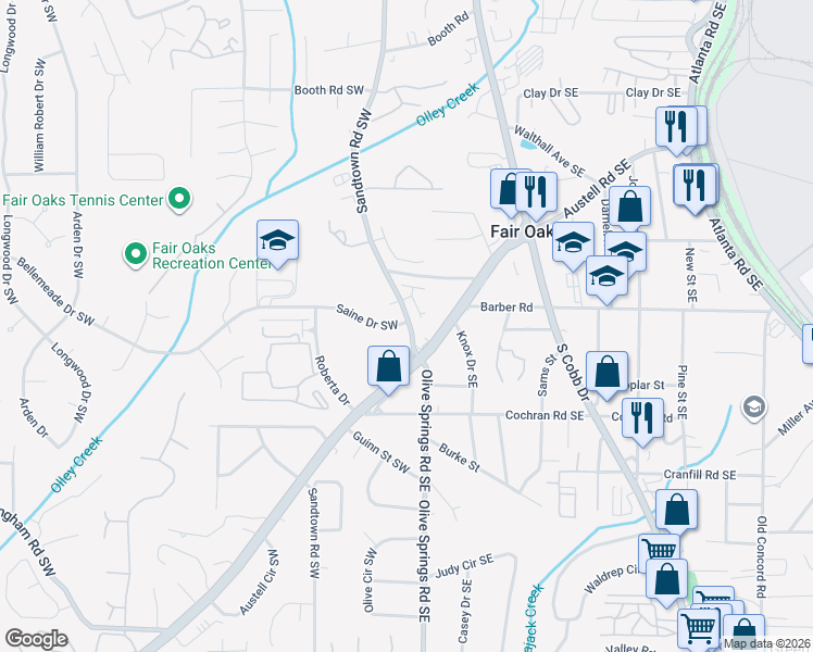 map of restaurants, bars, coffee shops, grocery stores, and more near 1521 Sandtown Road Southwest in Marietta