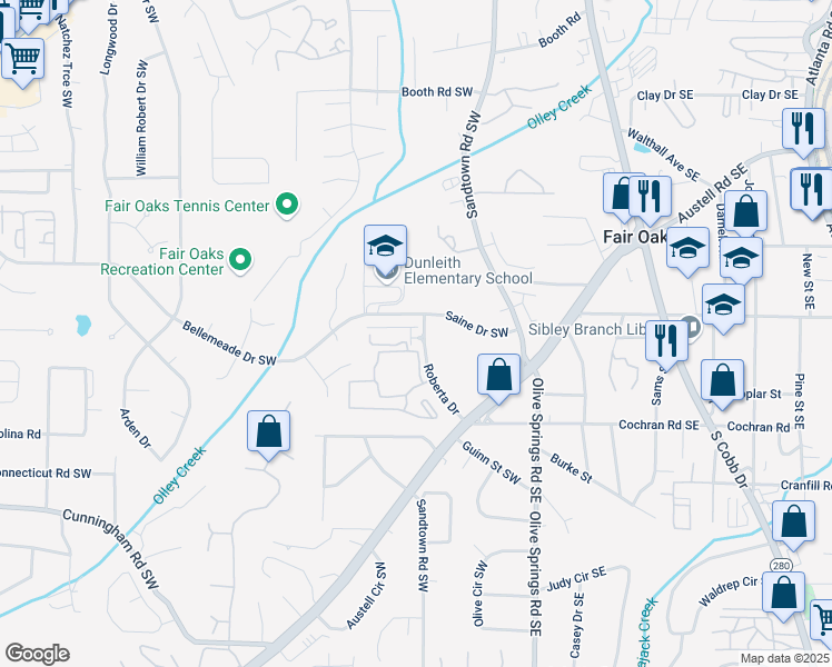 map of restaurants, bars, coffee shops, grocery stores, and more near 121 Dunleith Parkway Southwest in Marietta