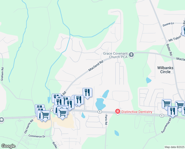 map of restaurants, bars, coffee shops, grocery stores, and more near 588 Macland Road in Dallas