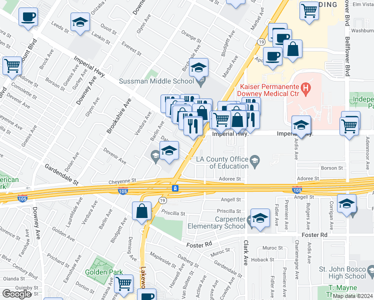 map of restaurants, bars, coffee shops, grocery stores, and more near 12655 Lakewood Boulevard in Downey