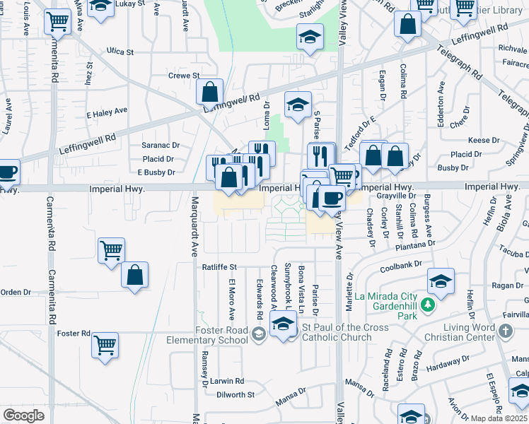map of restaurants, bars, coffee shops, grocery stores, and more near 14006 Ramhurst Drive in La Mirada