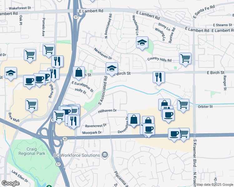 map of restaurants, bars, coffee shops, grocery stores, and more near 2034 Chevy Chase Drive in Brea